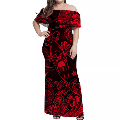 Hawaii Surfing Polynesian Off Shoulder Long Dress Unique Style Red