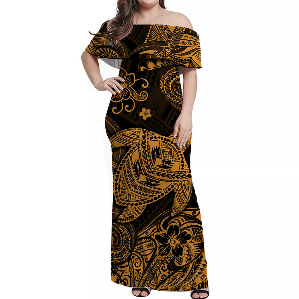 Hawaii Turtle Polynesian Off Shoulder Long Dress Plumeria Flower Unique Style Gold