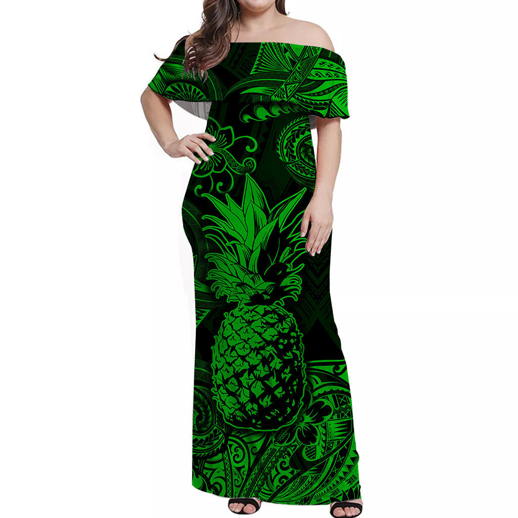 Hawaii Pineapple Polynesian Off Shoulder Long Dress Unique Style Green