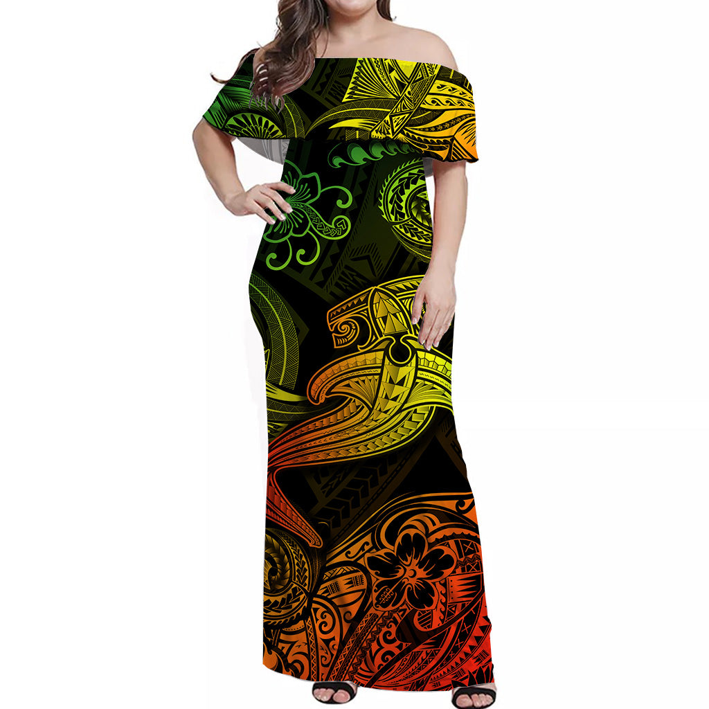 Hawaii Hammer Shark Polynesian Off Shoulder Long Dress Unique Style Reggae