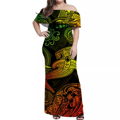 Hawaii Hammer Shark Polynesian Off Shoulder Long Dress Unique Style Reggae