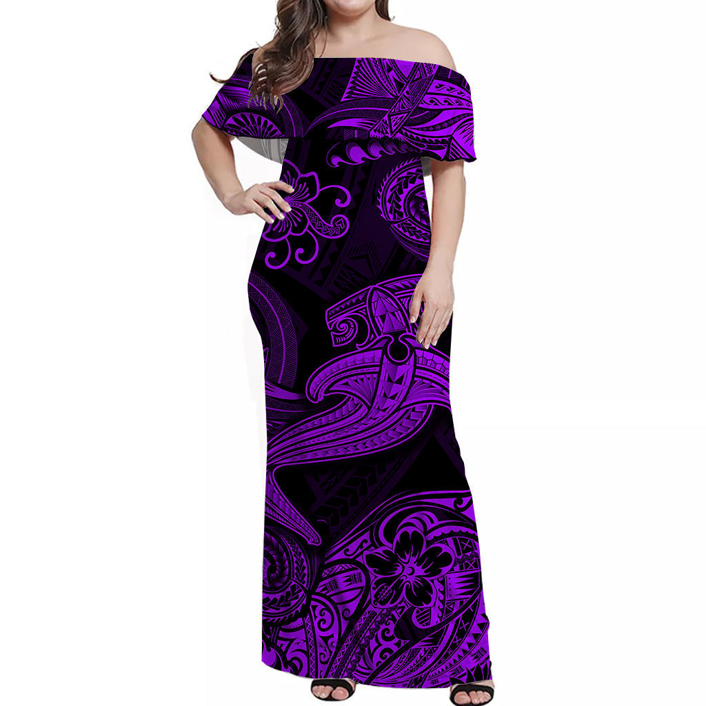 Hawaii Hammer Shark Polynesian Off Shoulder Long Dress Unique Style Purple