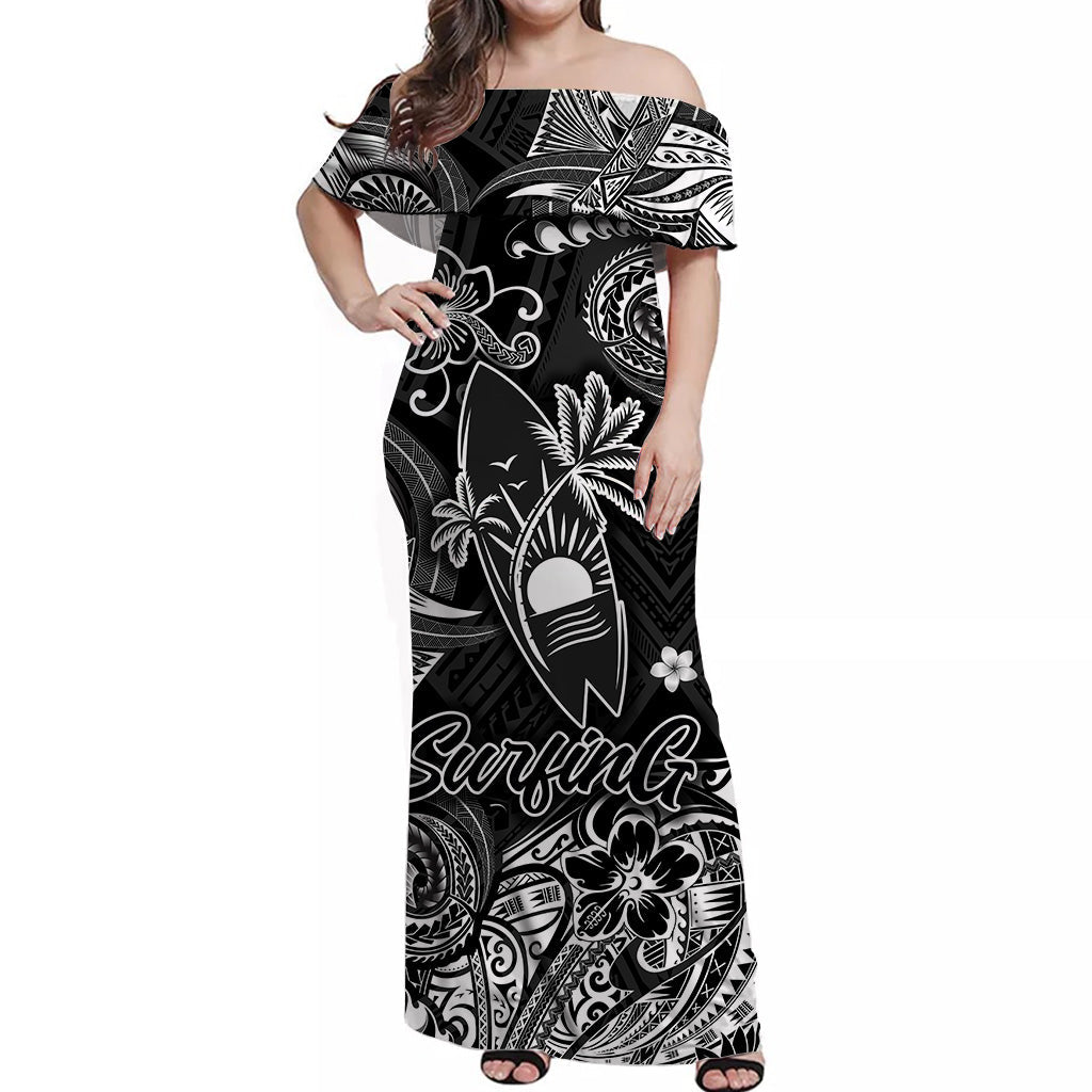 Hawaii Surfing Polynesian Off Shoulder Long Dress Unique Style Black