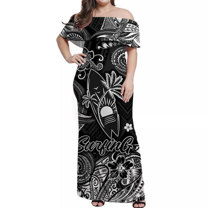 Hawaii Surfing Polynesian Off Shoulder Long Dress Unique Style Black