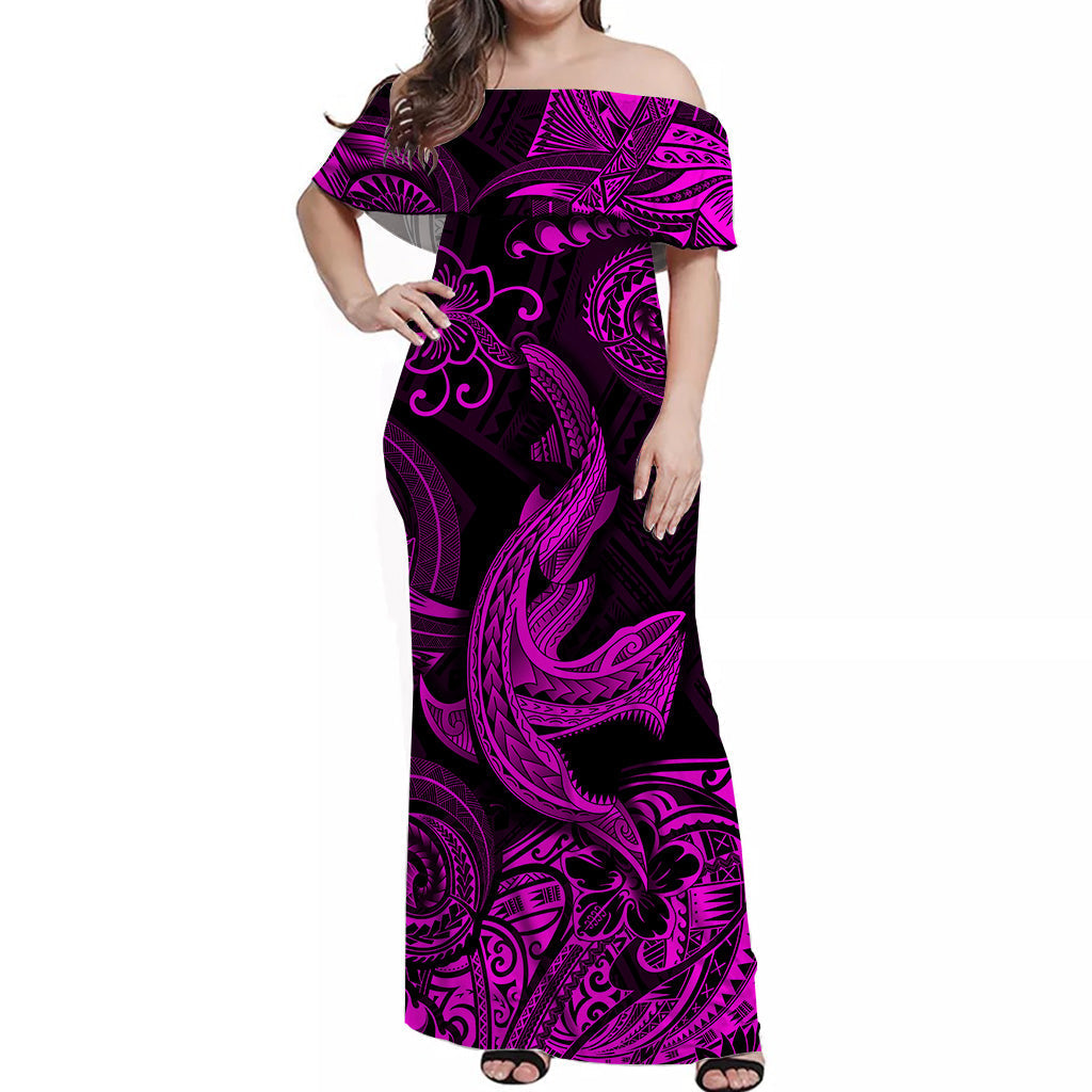 Hawaii Angry Shark Polynesian Off Shoulder Long Dress Unique Style Pink