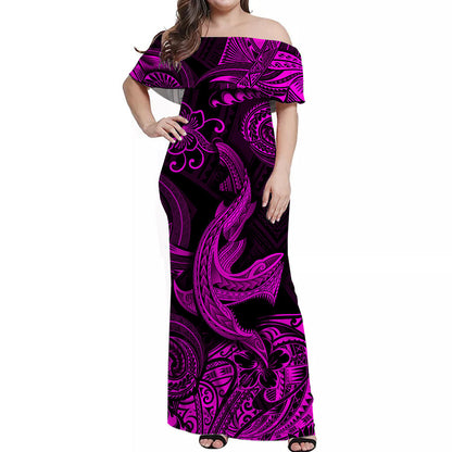 Hawaii Angry Shark Polynesian Off Shoulder Long Dress Unique Style Pink