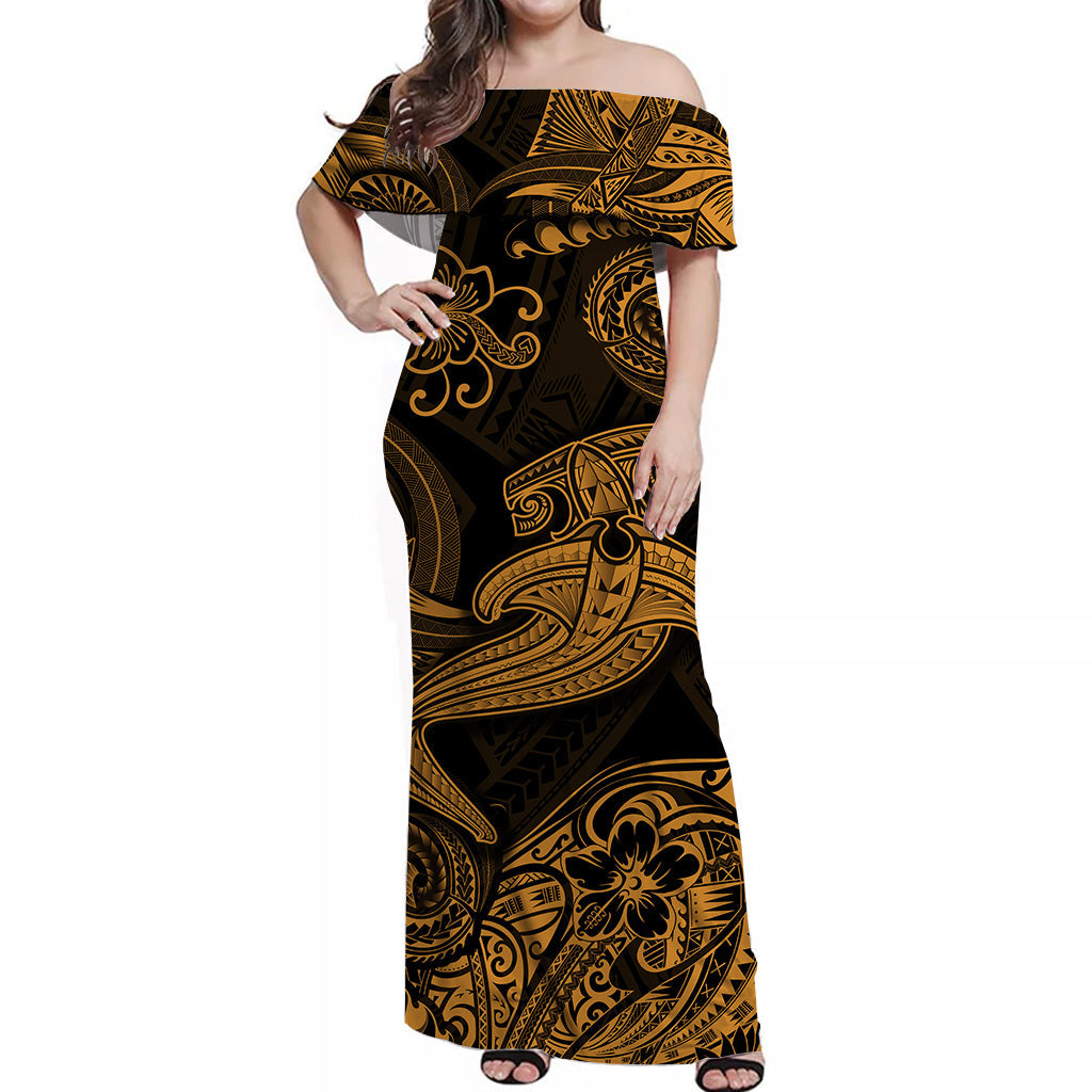 Hawaii Hammer Shark Polynesian Off Shoulder Long Dress Unique Style Gold