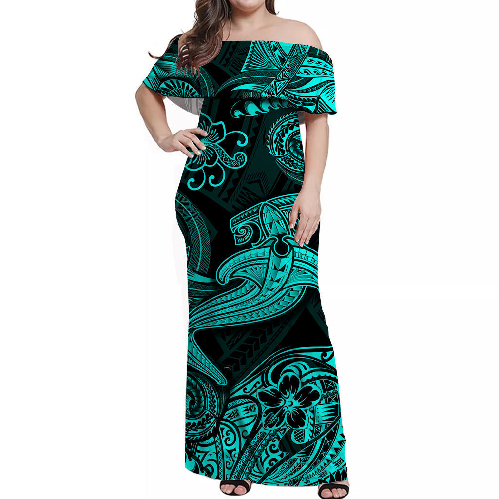 Hawaii Hammer Shark Polynesian Off Shoulder Long Dress Unique Style Turquoise