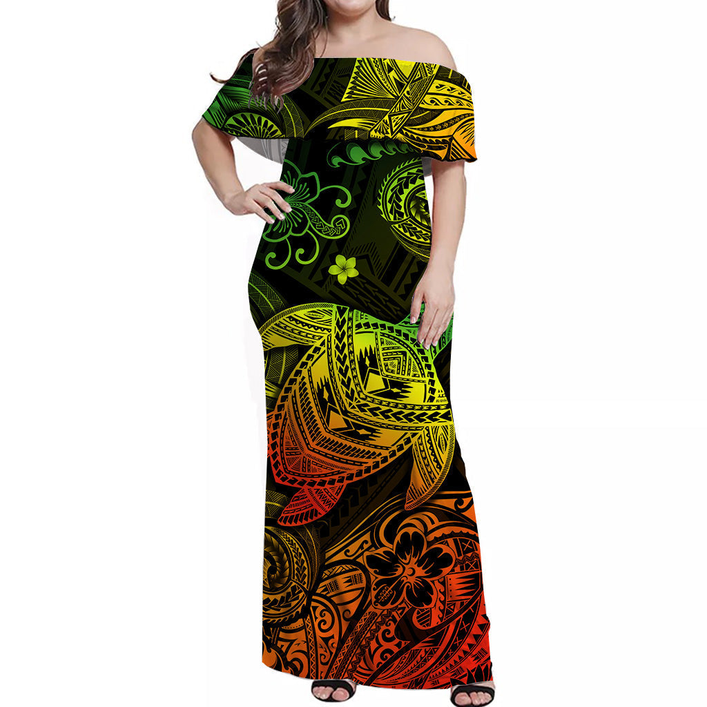 Hawaii Turtle Polynesian Off Shoulder Long Dress Plumeria Flower Unique Style Reggae