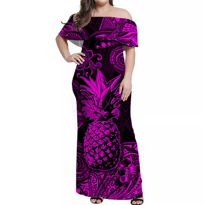 Hawaii Pineapple Polynesian Off Shoulder Long Dress Unique Style Pink