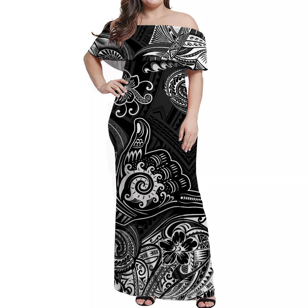 Hawaii Shaka Polynesian Off Shoulder Long Dress Unique Style Black