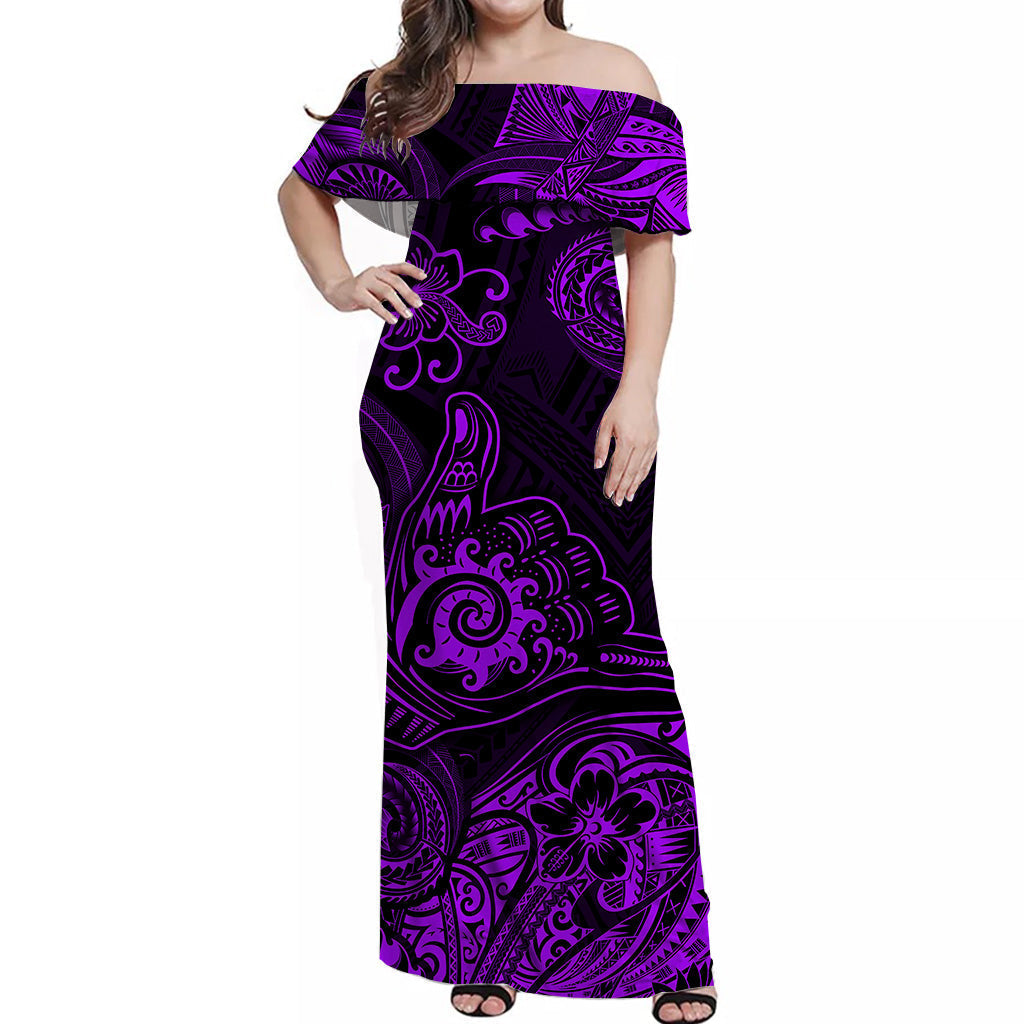 Hawaii Shaka Polynesian Off Shoulder Long Dress Unique Style Purple