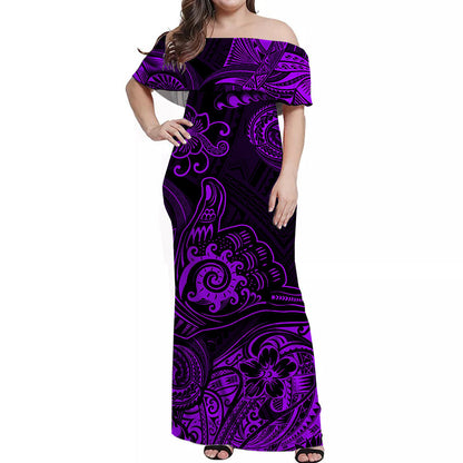Hawaii Shaka Polynesian Off Shoulder Long Dress Unique Style Purple
