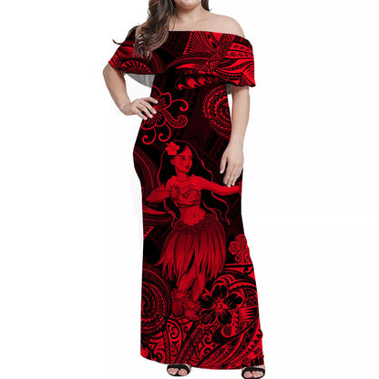 Hawaii Hula Girl Polynesian Off Shoulder Long Dress Unique Style Red