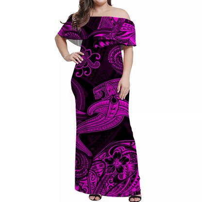 Hawaii Hammer Shark Polynesian Off Shoulder Long Dress Unique Style Pink