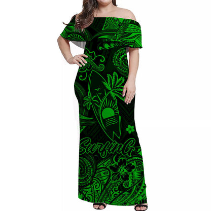 Hawaii Surfing Polynesian Off Shoulder Long Dress Unique Style Green