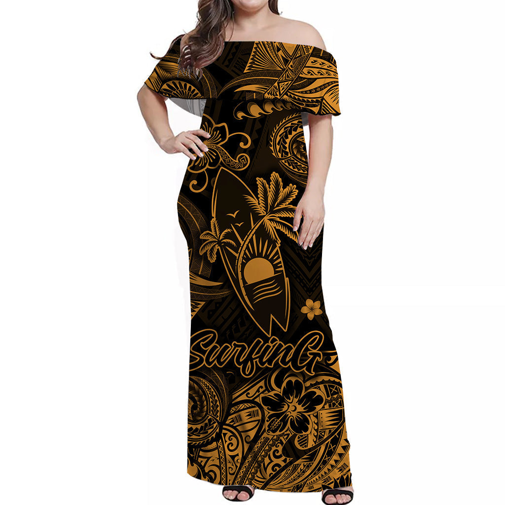 Hawaii Surfing Polynesian Off Shoulder Long Dress Unique Style Gold