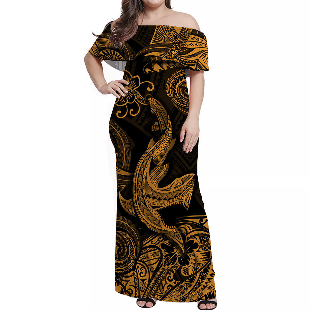 Hawaii Angry Shark Polynesian Off Shoulder Long Dress Unique Style Gold