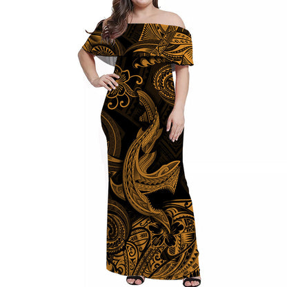 Hawaii Angry Shark Polynesian Off Shoulder Long Dress Unique Style Gold