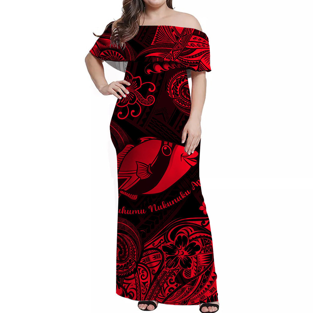Hawaii State Fish: Humuhumu Nukunuku Apuaa Polynesian Off Shoulder Long Dress Unique Style Red