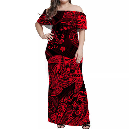 Hawaii Turtle Polynesian Off Shoulder Long Dress Plumeria Flower Unique Style Red