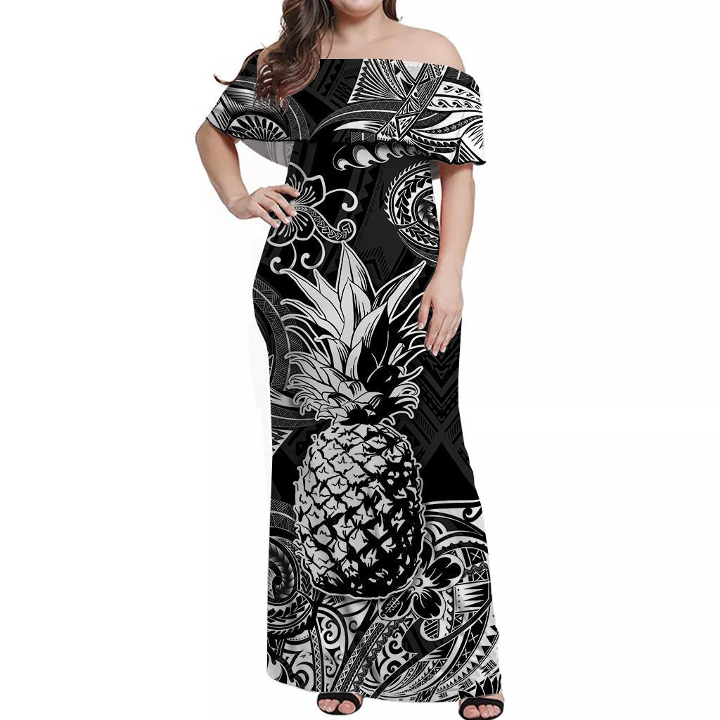 Hawaii Pineapple Polynesian Off Shoulder Long Dress Unique Style Black