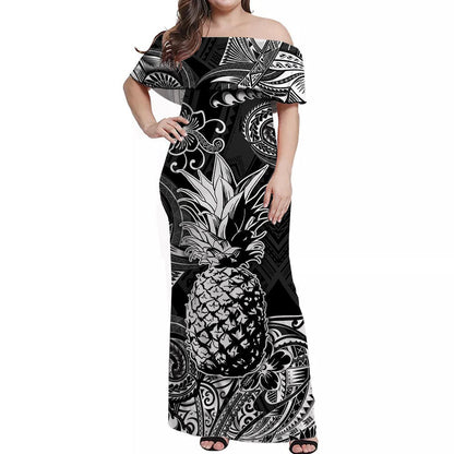 Hawaii Pineapple Polynesian Off Shoulder Long Dress Unique Style Black