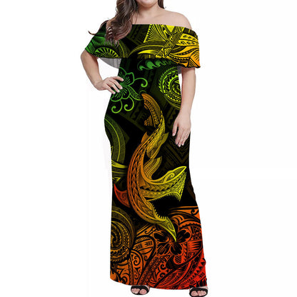 Hawaii Angry Shark Polynesian Off Shoulder Long Dress Unique Style Reggae