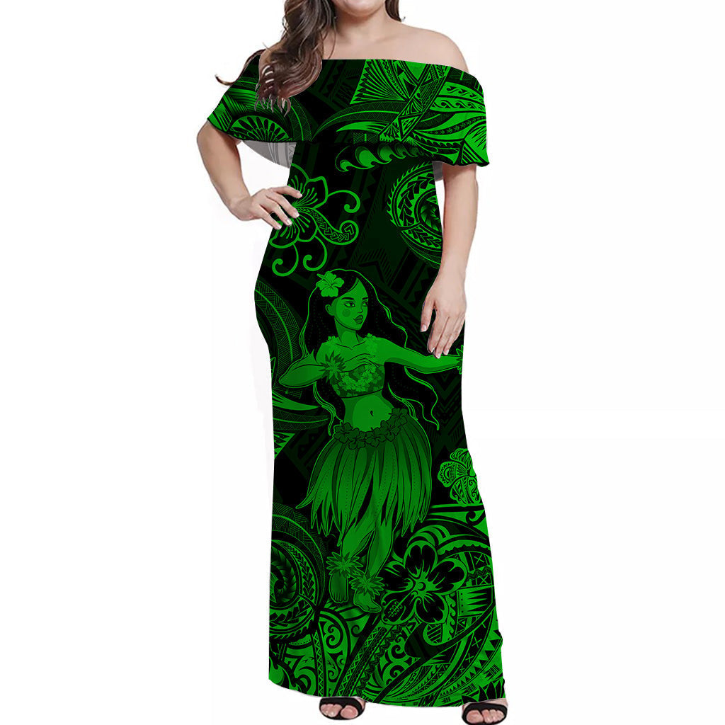Hawaii Hula Girl Polynesian Off Shoulder Long Dress Unique Style Green