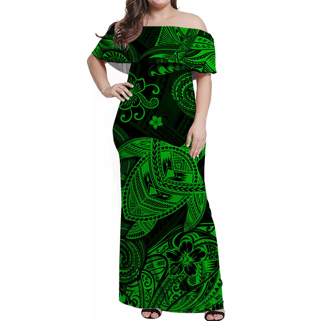 Hawaii Turtle Polynesian Off Shoulder Long Dress Plumeria Flower Unique Style Green