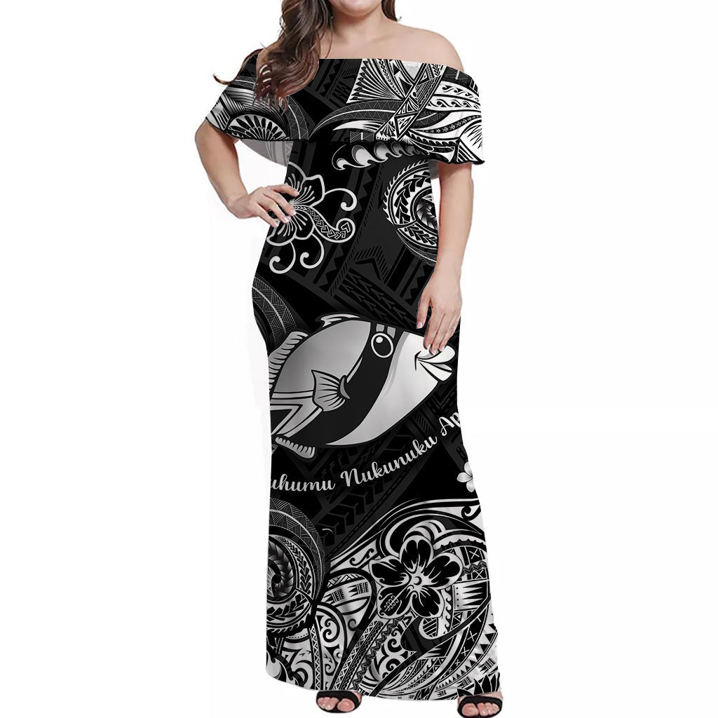 Hawaii State Fish: Humuhumu Nukunuku Apuaa Polynesian Off Shoulder Long Dress Unique Style Black