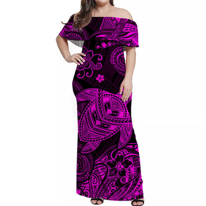 Hawaii Turtle Polynesian Off Shoulder Long Dress Plumeria Flower Unique Style Pink