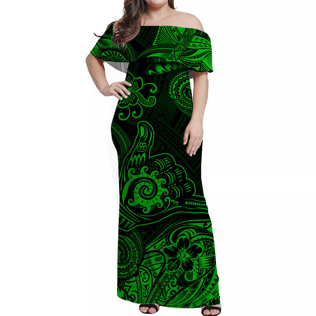 Hawaii Shaka Polynesian Off Shoulder Long Dress Unique Style Green
