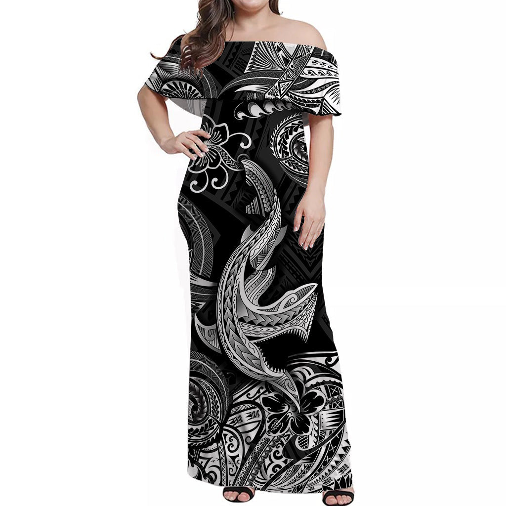 Hawaii Angry Shark Polynesian Off Shoulder Long Dress Unique Style Black