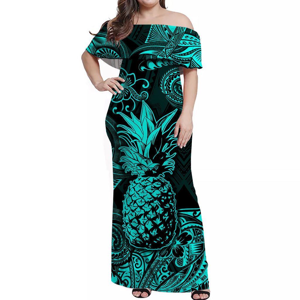 Hawaii Pineapple Polynesian Off Shoulder Long Dress Unique Style Turquoise