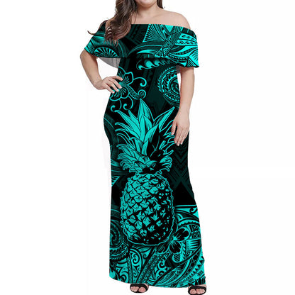 Hawaii Pineapple Polynesian Off Shoulder Long Dress Unique Style Turquoise
