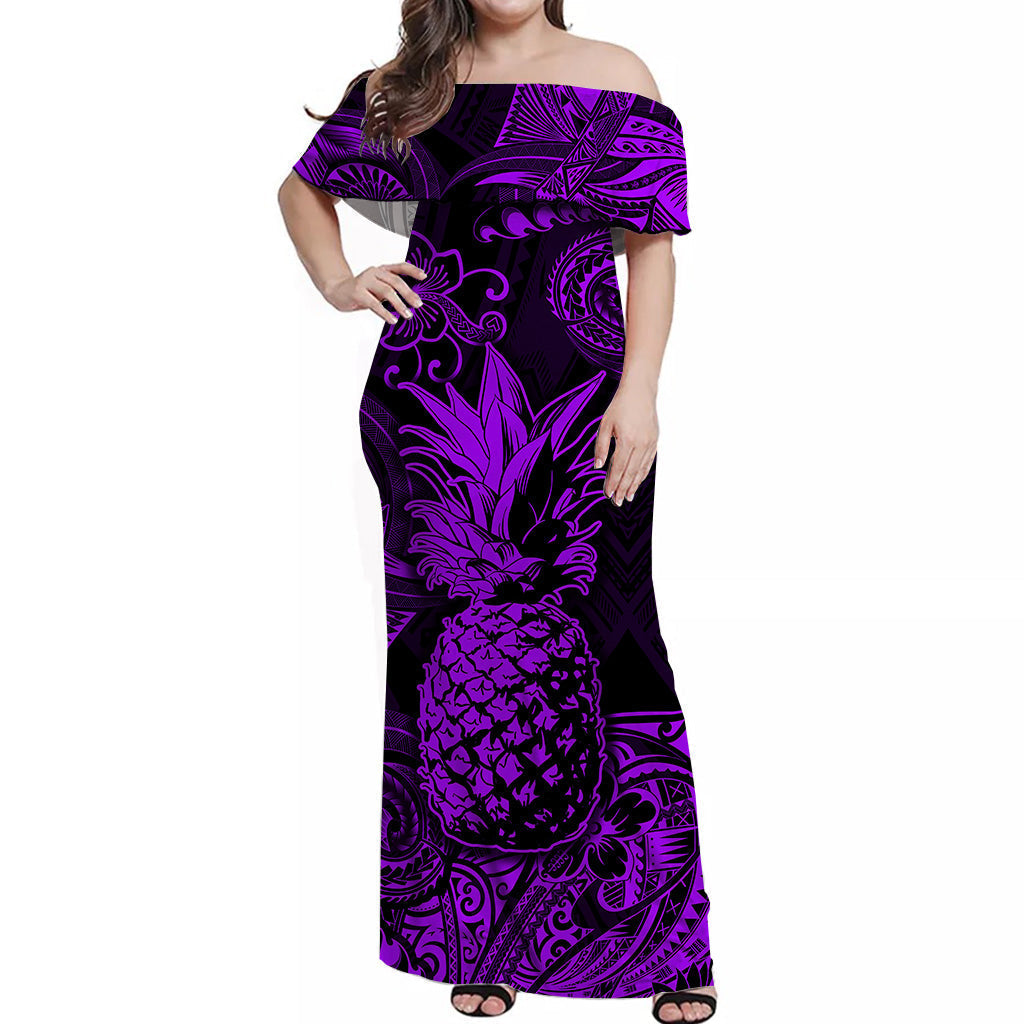 Hawaii Pineapple Polynesian Off Shoulder Long Dress Unique Style Purple