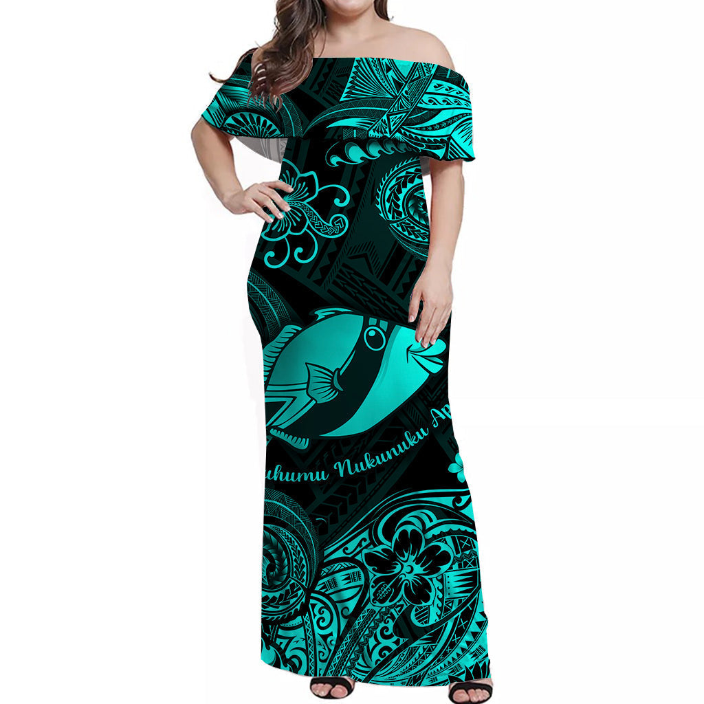 Hawaii State Fish: Humuhumu Nukunuku Apuaa Polynesian Off Shoulder Long Dress Unique Style Turquoise