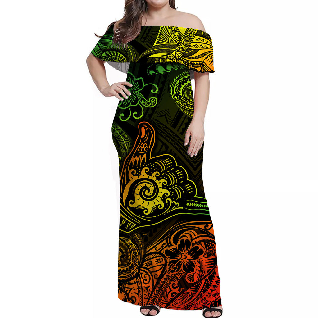 Hawaii Shaka Polynesian Off Shoulder Long Dress Unique Style Reggae
