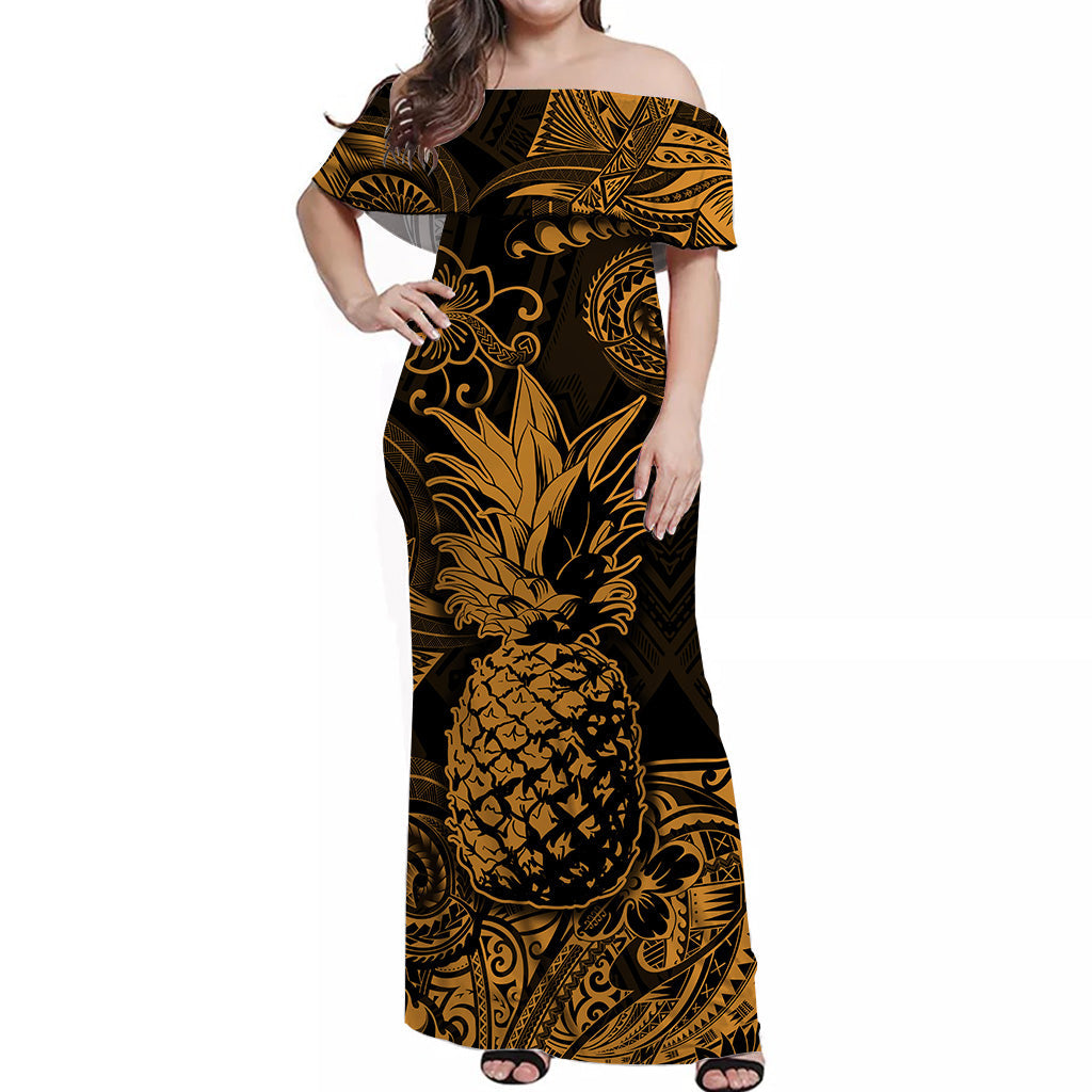Hawaii Pineapple Polynesian Off Shoulder Long Dress Unique Style Gold
