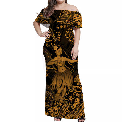 Hawaii Hula Girl Polynesian Off Shoulder Long Dress Unique Style Gold