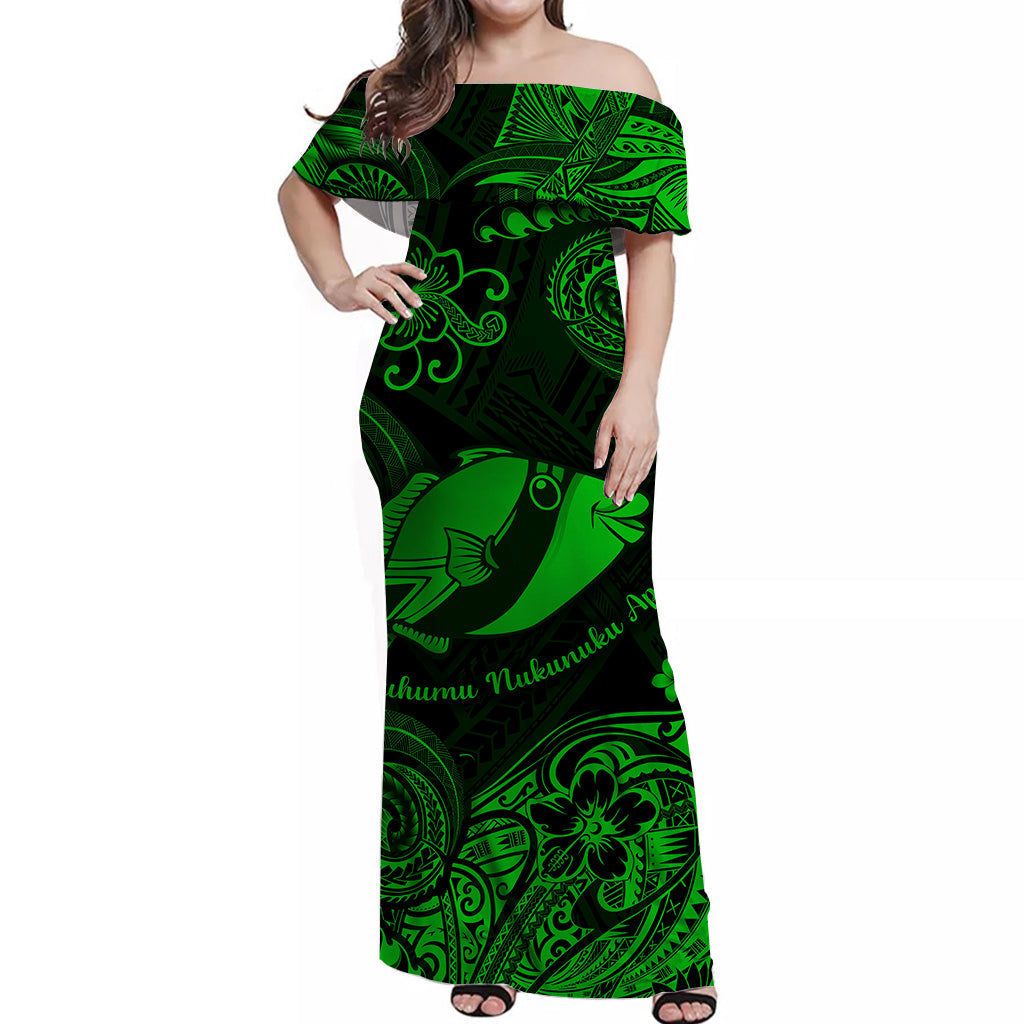 Hawaii State Fish: Humuhumu Nukunuku Apuaa Polynesian Off Shoulder Long Dress Unique Style Green