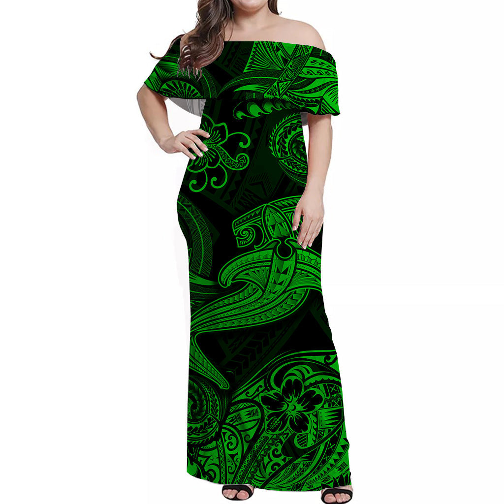 Hawaii Hammer Shark Polynesian Off Shoulder Long Dress Unique Style Green