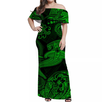Hawaii Hammer Shark Polynesian Off Shoulder Long Dress Unique Style Green