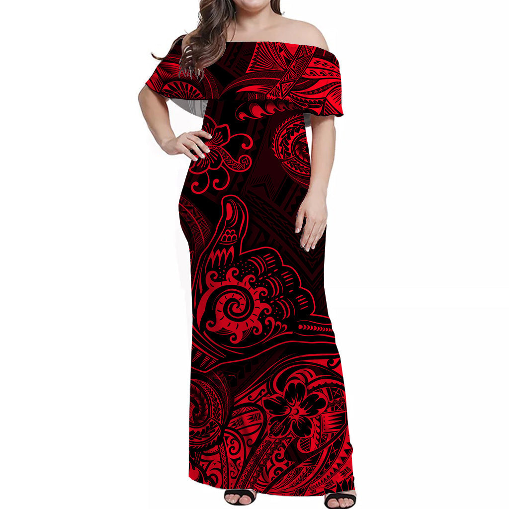Hawaii Shaka Polynesian Off Shoulder Long Dress Unique Style Red