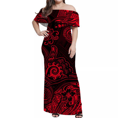 Hawaii Shaka Polynesian Off Shoulder Long Dress Unique Style Red