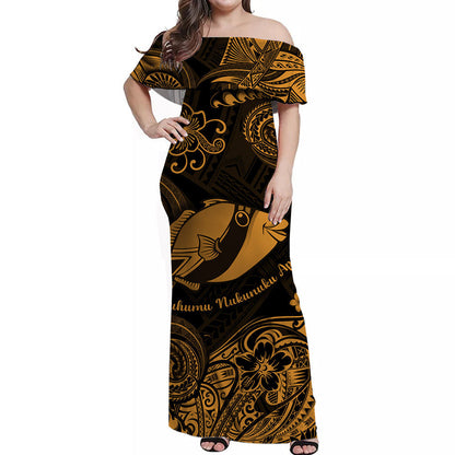 Hawaii State Fish: Humuhumu Nukunuku Apuaa Polynesian Off Shoulder Long Dress Unique Style Gold