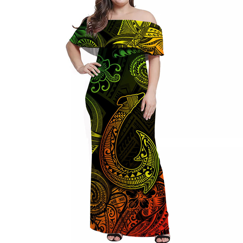 Hawaii Fish Hook Polynesian Off Shoulder Long Dress Unique Style Reggae