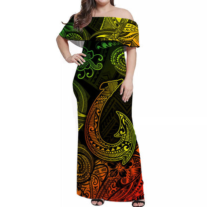 Hawaii Fish Hook Polynesian Off Shoulder Long Dress Unique Style Reggae