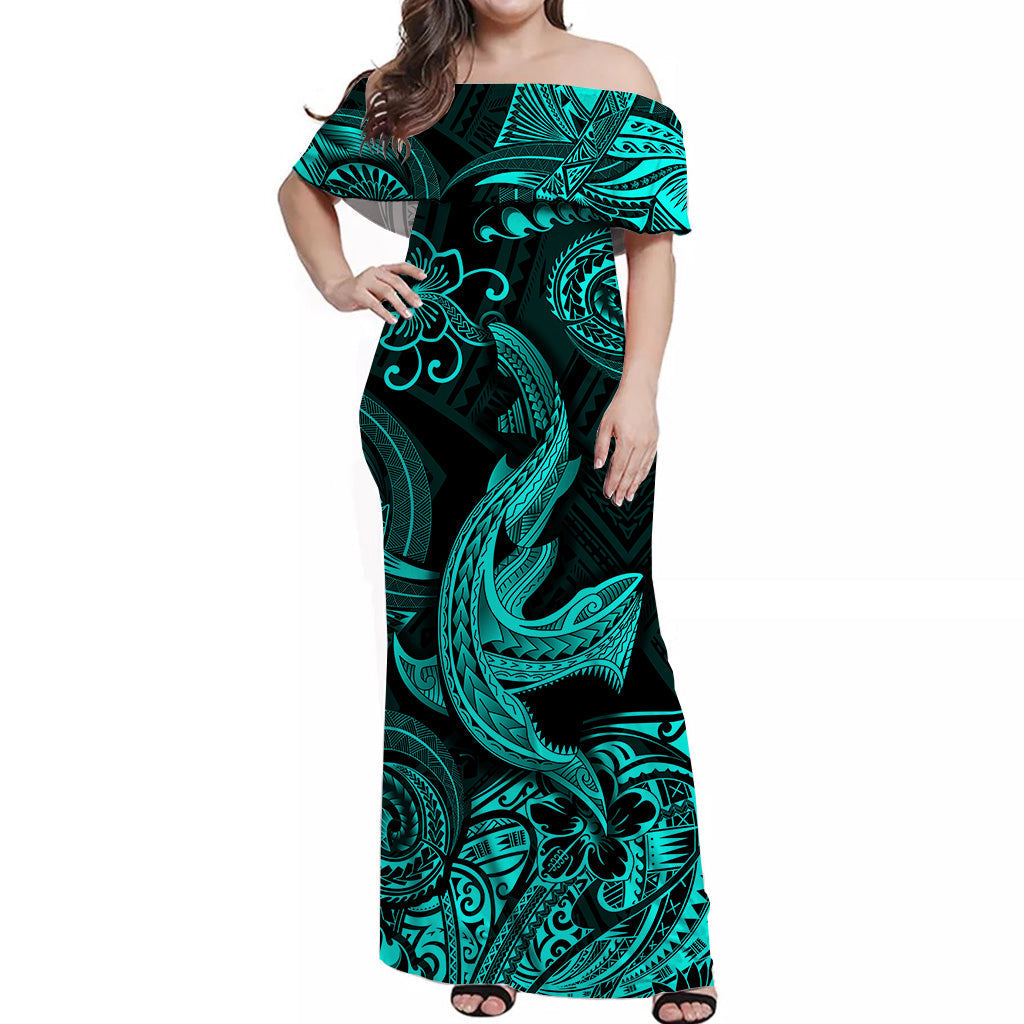 Hawaii Angry Shark Polynesian Off Shoulder Long Dress Unique Style Turquoise